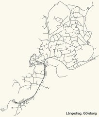 Black simple detailed street roads map on vintage beige background of the quarter L&aring;ngedrag district of Gothenburg, Sweden