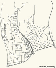 Black simple detailed street roads map on vintage beige background of the quarter Jättesten district of Gothenburg, Sweden