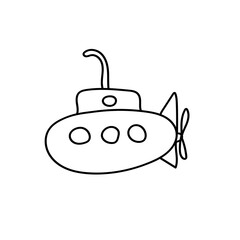 Vector illustration. Hand drawn doodle of submarine with periscope and portholes. Cartoon sketch. Isolated on white background.