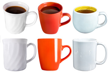 A set of cups for tea or coffee on white background, isolated.