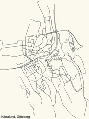 Black simple detailed street roads map on vintage beige background of the quarter Kärralund district of Gothenburg, Sweden