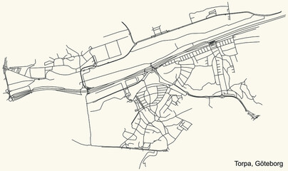 Black simple detailed street roads map on vintage beige background of the quarter Torpa district of Gothenburg, Sweden