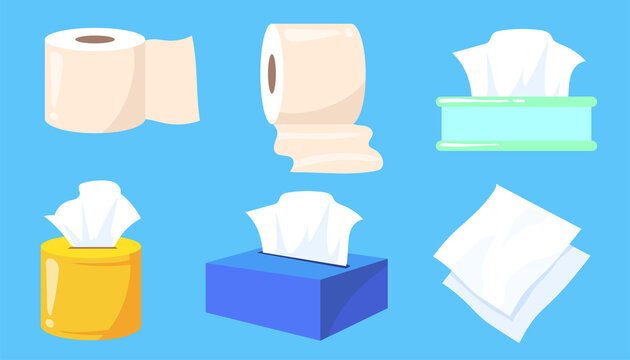 Set of tissue and toilet paper rolls cartoon vector illustration. Colorful boxes of wet wipes, towels for kitchen or bathroom. Hygiene, toiletries, sanitary concept for banner design, landing page