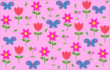 Colorful cute hand drawn floral and butterfly pattern background