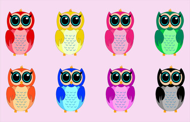 Eight colorful owls on a pink background,