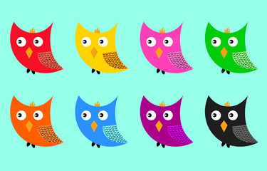 Eight colorful owls on a blue background
