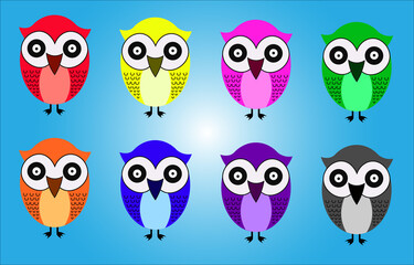 Eight colorful owls on a blue background