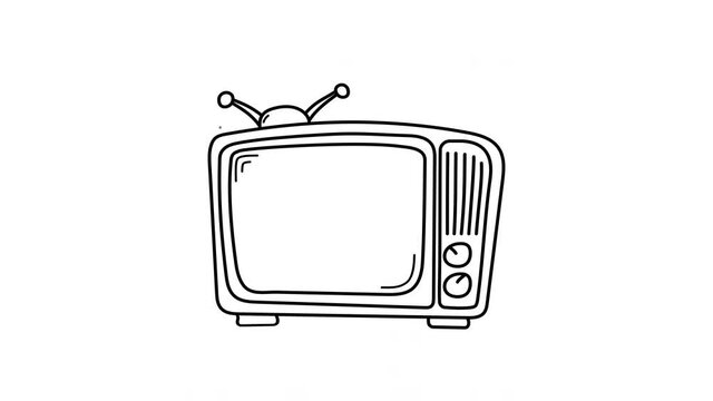 Animation of comic retro TV with empty screen for your text. Hand drawn of old lamp television. Freehand line dark ink sketch TV. Cartoon template television for watching cinema. Alpha channel. 4K.