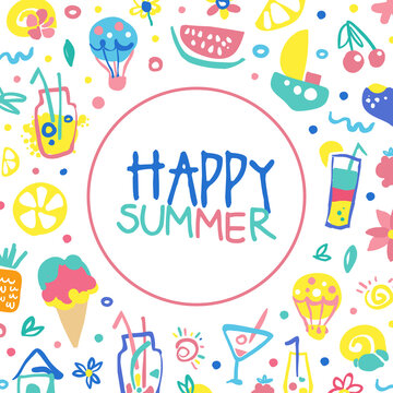 Happy Summer Banner Template with Seasonal Symbols Seamless Pattern Vector Illustration