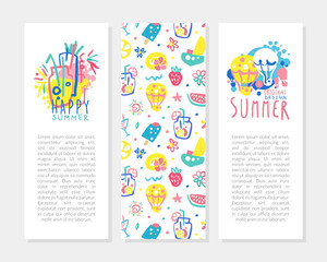 Summer Card Templates Set with Space for Text and Summer Holidays Symbols, Brochure, Banner, Flyer Design Vector Illustration