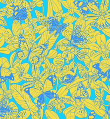 Fototapeta premium Seamless orchid and butterfly seamless pattern. Blue and yellow version. Vector illustration
