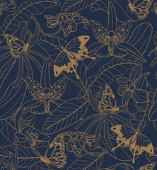Tropical Butterfly Seamless vector pattern with orchid flowers, tropical leaves on dark blue background. Trendy simple style. Vector illustration