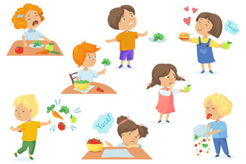 Set of children unhappy with food. Cartoon vector illustration. Fussy hungry kids crying and rejecting healthy vegetables, dreaming about burger. Picky eating, healthy food, nausea concept for design