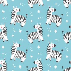 Cartoon zebras, cute vector seamless pattern for children. Print for textile, fabric, wallpaper, paper.