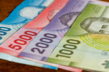 Currency of Chile. Various paper banknotes. Business and financial concept