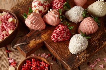 Chocolate dipped strawberries on wooden background
