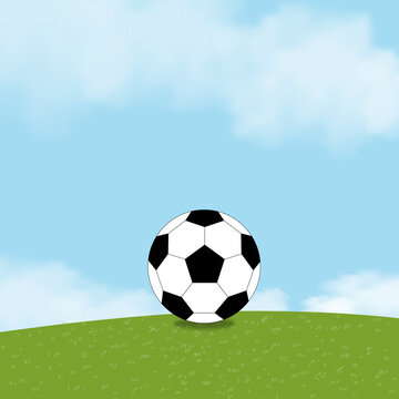 Football black and white on green fields with fluffy cloud and blue sky, One Soccer ball on grass lawn.