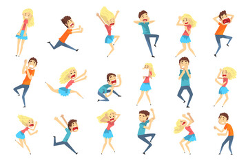 Scared, Terrified, Shocked People Set, Male and Female Persons Afraid of Something Set, Men and Women with Fear Expression on their Faces Cartoon Vector Illustration