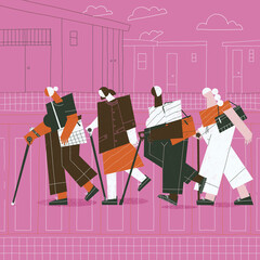 Group of friend’s older women taking a walk through the streets. Ageing in rural small villages scene concept illustration.