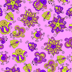 seamless floral pattern with abstract flowers and leaves in pink and lilac tones