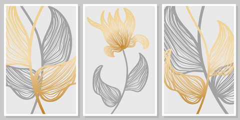 luxurious silver golden flowers and leaves- wall art vector set, for wall art, poster, wallpaper, print
