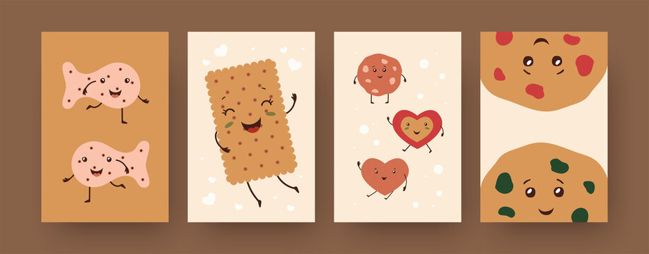 Set of contemporary posters with cute biscuit characters. Fish, heart, circle cookies, cracker cartoon vector illustrations. Food, bakery concept for designs, social media, postcards, invitation cards