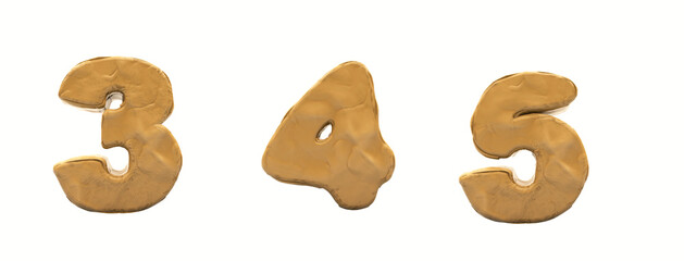 Alphabet from clay, clay. Artistic font in 3d render. Numbers 3, 4, 5