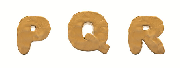 Alphabet from clay, clay. Artistic font in 3d render.Letters P, Q, R