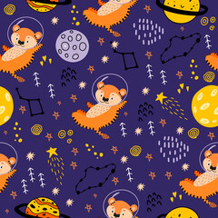 2022 -Year of the Tiger. Seamless pattern with planets, tigers, constellations, the moon, and stars for decorating children's fabrics, clothing, and rooms. A tiger in space. 