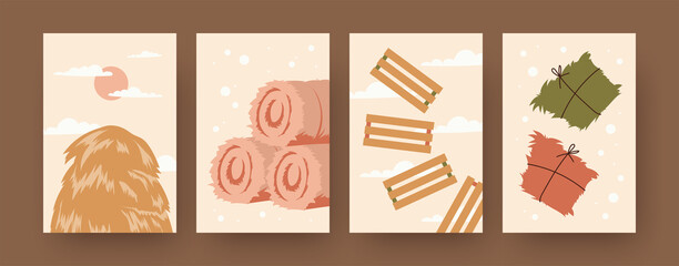 Set of contemporary art posters with bales of hay and straw. Haystack, wooden fences cartoon vector illustrations. Agriculture, farming concept for designs, social media, postcards, invitation cards © PCH.Vector
