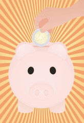 Hand put euro coin in piggybank. vector