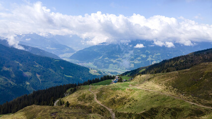 Naklejka premium panorama of the mountains, alpine landscape in austria, view of the Zillertal in Austria