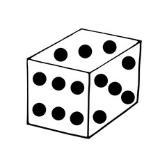 A dice with sides six, five and three on a white background, in the style of a doodle.The vector cube can be used in board game designs,textiles