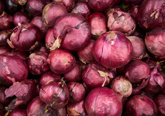 Red onions background. A pile of red onions as a background. Full Frame Shot Of Purple Onions. Fresh whole purple onions. 