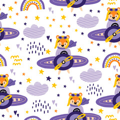 A red tiger is flying in a helicopter. 2022 - The Year of the Tiger. Seamless pattern with a helicopter, tigers, clouds, stars for decorating children's fabrics, rooms.  Flat doodle style.