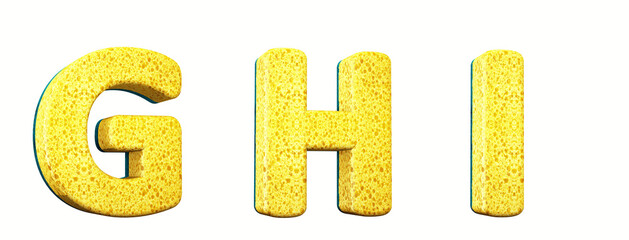 Sponge alphabet. Letters in 3d render. Cleaning festival. Letters G, H, I