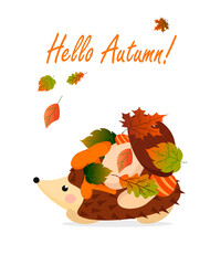 Autumn card with hedgehog, leaves and mushrooms. Vector illustration with text. For postcards, invitations, packaging, covers, decor, gift shops and markets, brochures and flyers.