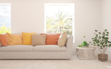 White living room with sofa and summer landscape in window. Scandinavian interior design. 3D illustration