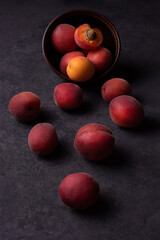 Red fresh apricots spilling out of a bowl on a brown background, low key.