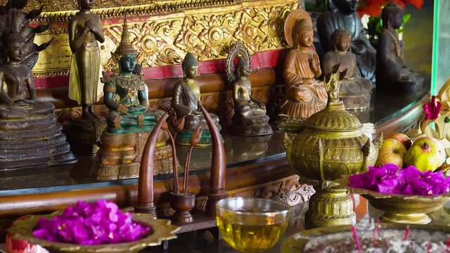 Sacrifice oblation, traditional offerings for Gods in Buddhist temple, Bali. Sacrifice, oblation , belief , sacrifice offerings and gifts to god of Thailand culture.
