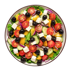 Greek salad in a plate isolated on white background. Top view, flat lay.