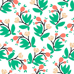 Fototapeta premium Cute hand drawn flowers on white background. Vector seamless pattern. Fashion print in bright colors. Abstract elements.