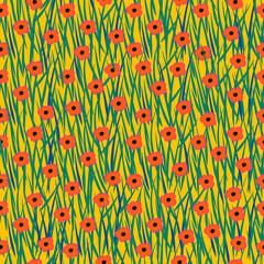 Poppy field seamless pattern. Floral background/ Hand drawn cute flowers. Tiny poppies. Vector illustration. Colorful template.