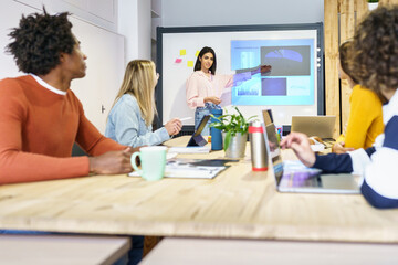 Business professionals using projection screen while discussing in office