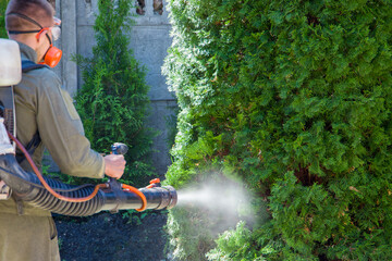 The gardener sprays the trees with a motor sprayer.