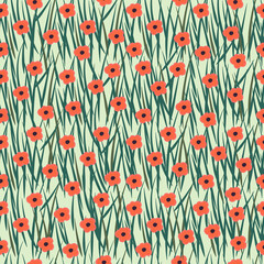 Poppy field seamless pattern. Floral background/ Hand drawn cute flowers. Tiny poppies. Vector illustration. Colorful template.