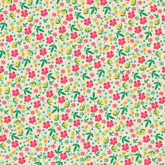 Cute hand drawn flowers. Vector seamless pattern. Fashion print in bright colors. Tiny flowers and leaves.