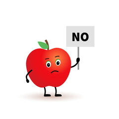 Cartoon character apple, holding a sign with the word NO. apple character protests against it.