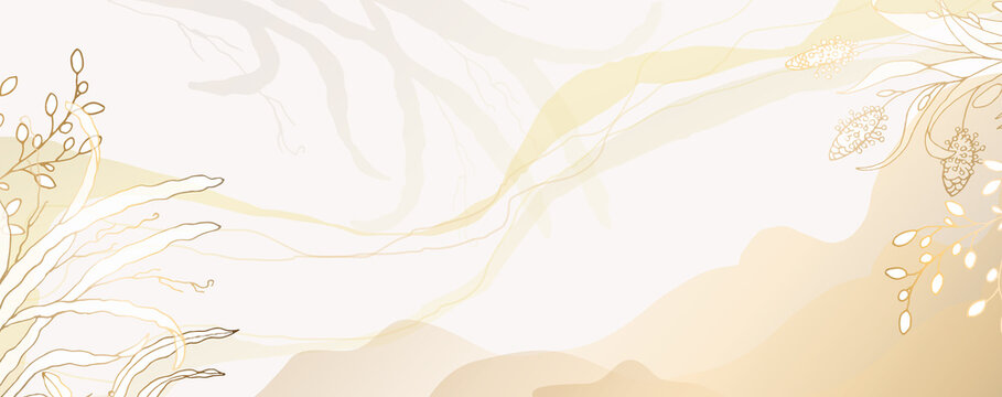 Minimal Background With Leaves With A Gold Metal Texture. Watercolor Sand Streaks And Stains. Vector Illustration.