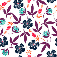 Floral seamless pattern with hand drawn flowers. Fshion print. White background, colorful elements. Vector Illustration.